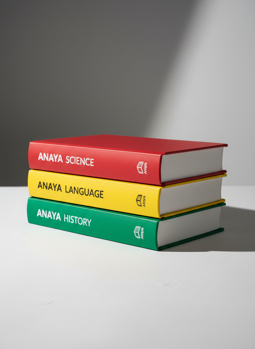 A bold stack of Anaya educational textbooks in vivid primary colors, their spines perfectly aligned to display clean, modern typography and discreet Anaya logos. The books rest on a matte white surface with a subtle texture, against a seamless light-grey backdrop that feels minimalist and uncluttered. Sharp directional studio lighting from the left carves crisp shadows to the right, emphasizing edges and embossing on the covers. Shot at a slightly elevated three-quarter angle with photographic realism, the composition is centered and tightly framed, creating a powerful, product-focused hero image that feels modern, confident, and unmistakably professional, ideal for a portfolio homepage of educational products.