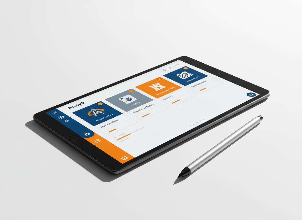 A dramatic close-up of an Anaya educational tablet interface displayed on an ultra-thin, matte-black tablet lying on a pure white surface. The screen shows a clean dashboard of digital textbooks, icons, and course modules in Anaya’s brand colors, with sharp, crisp graphics. A single stylus rests diagonally across the corner of the tablet, suggesting precise interaction with content. Hard side lighting from the right creates razor-sharp shadows along the tablet’s edges and stylus, emphasizing their sleek forms. The background is intentionally empty and bright, giving the photographic image a futuristic, high-impact feel that underscores innovation in educational products while remaining minimalist and professional.