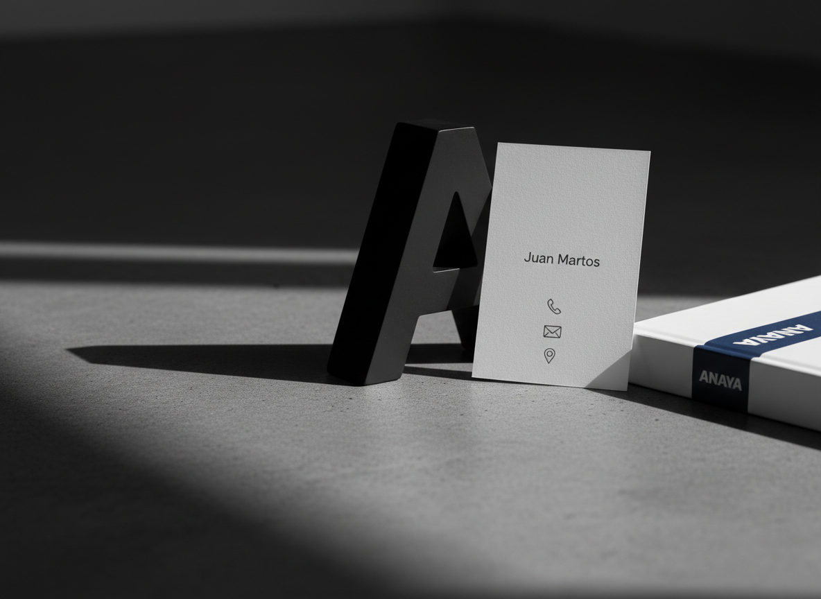 A sleek, monochrome contact corner: a pristine white card embossed with the name “Juan Martos” and minimalist contact icons is propped against a matte black, geometric bookend shaped like an abstract letterform. A single Anaya-branded textbook lies flat nearby, its edge just visible to hint at the educational context. Everything sits on a smooth, dark concrete surface with subtle grain. A narrow beam of directional light from the upper left cuts across the scene, leaving deep, crisp shadows and high contrast, while the background fades to near-black. Captured in close-up with shallow depth of field and photographic realism, the composition feels bold, decisive, and perfectly suited for a contact or support section.